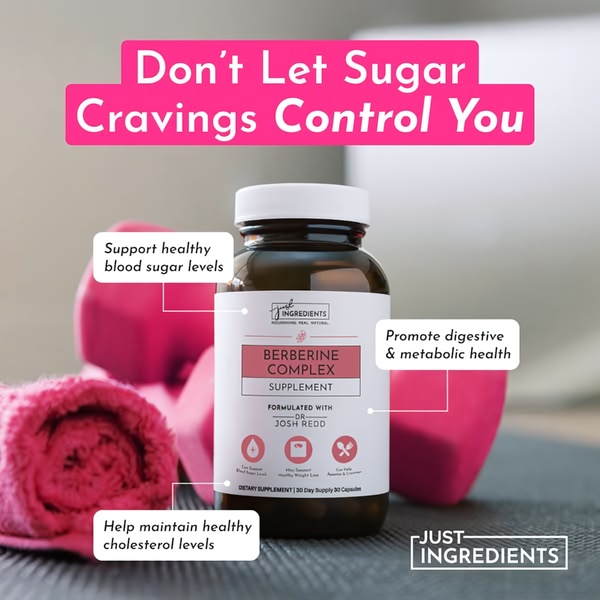 This ad creative features a bottle of Berberine Complex centered in the frame, surrounded by pink weights to signal fitness goals, with bold text highlighting health benefits.